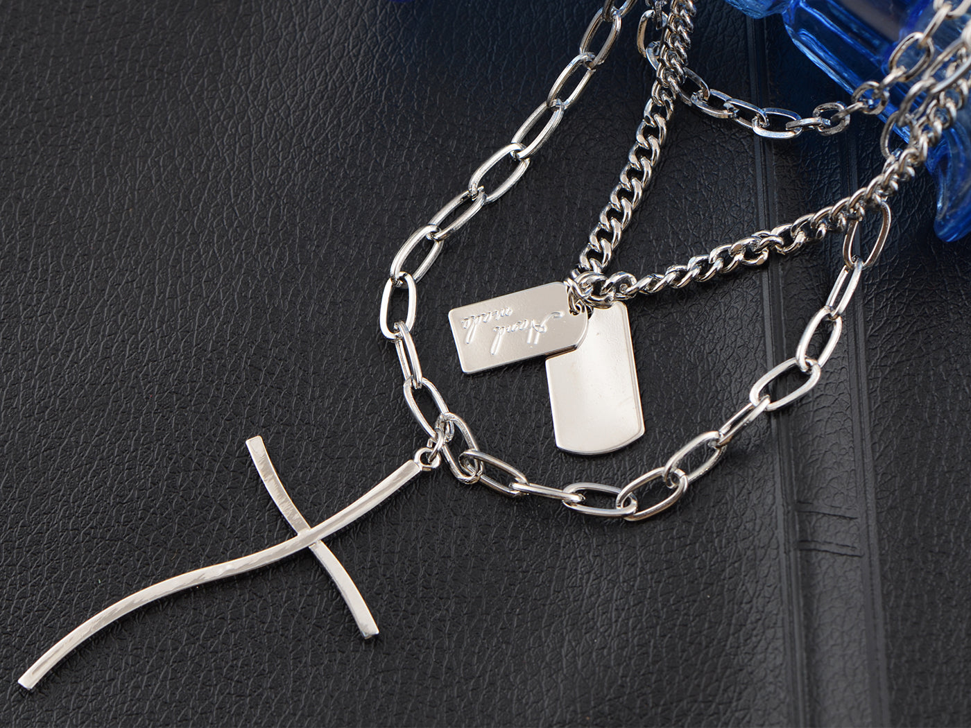 Polished Silver D Religious Inspirational Army Dog Tags Cross Pendant Necklace