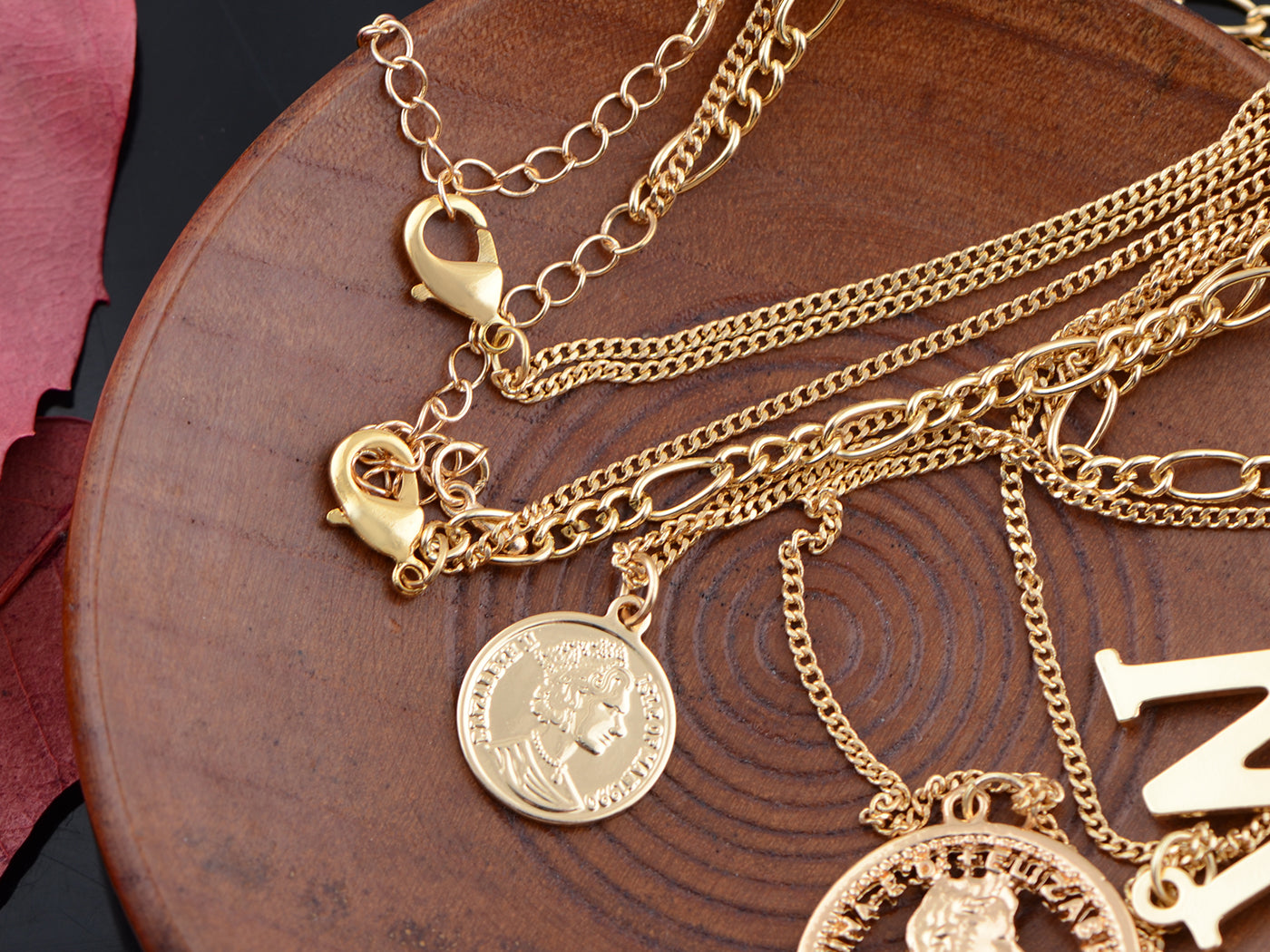 Coin Pendant W Initial Charm Layered Chains Choker Necklace Anniversary Set