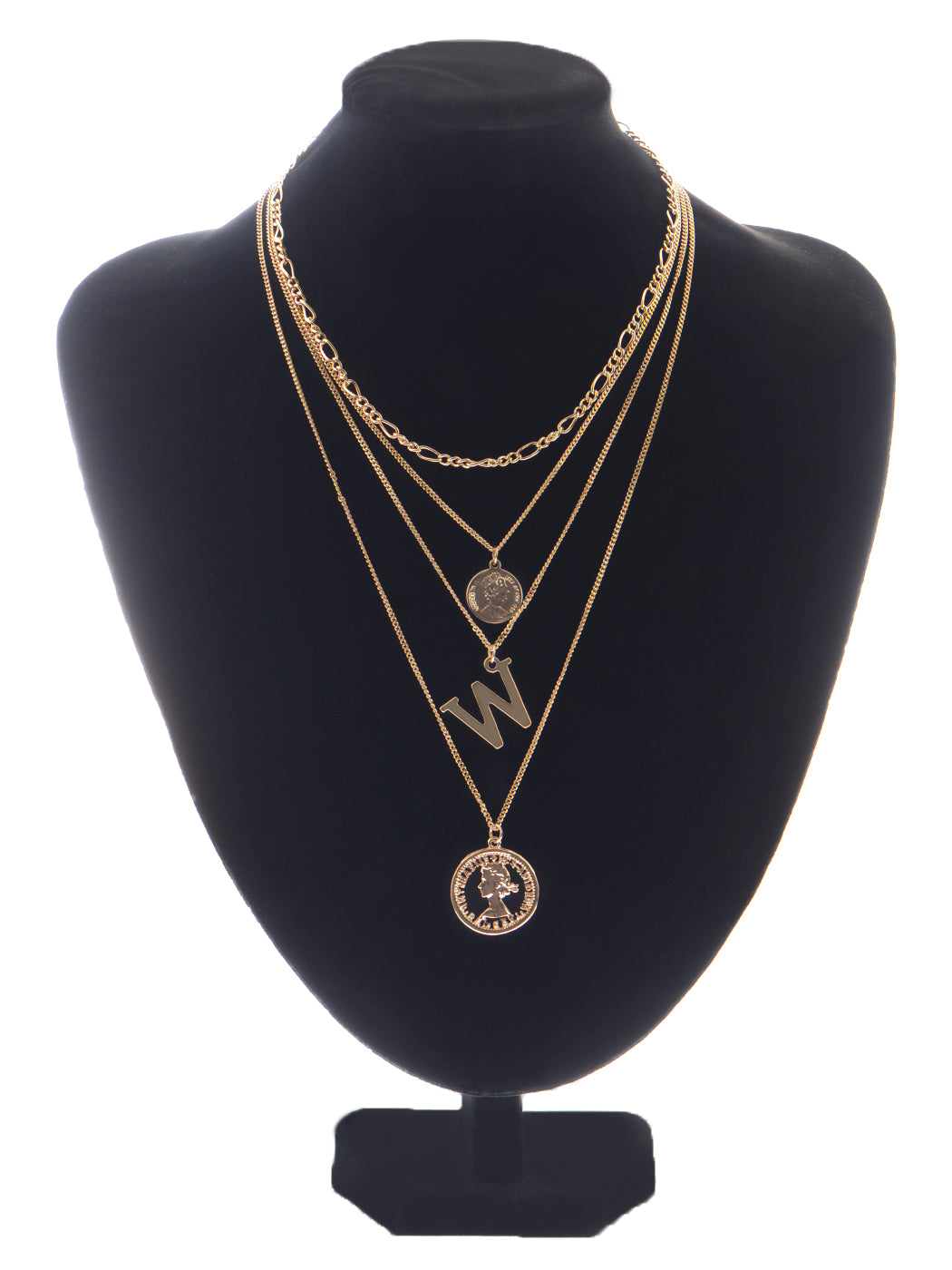 Coin Pendant W Initial Charm Layered Chains Choker Necklace Anniversary Set