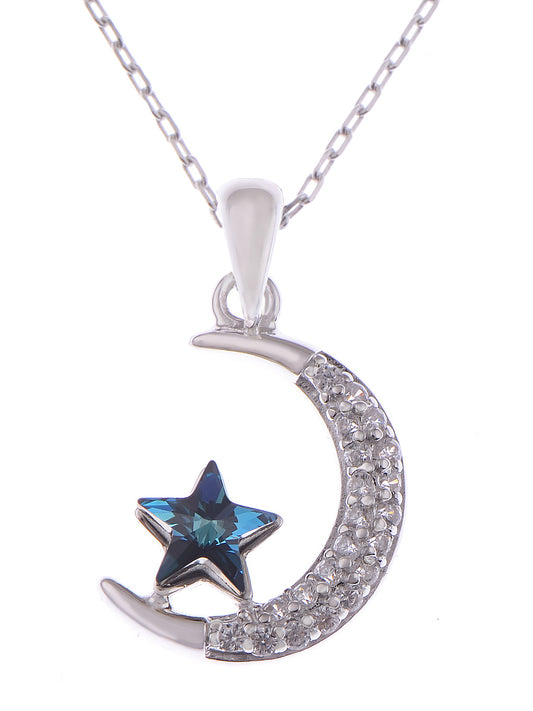 Crescent Moon Star Silver 925 Chain Blue Elements Necklace