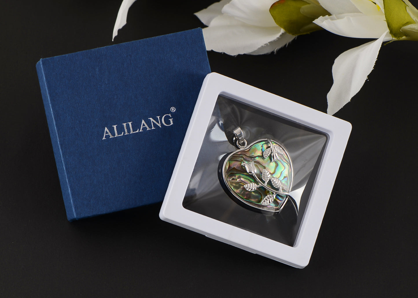 Alilang Natural Abalone Shell Silvery Tone Pendant Necklace with Relief Flower