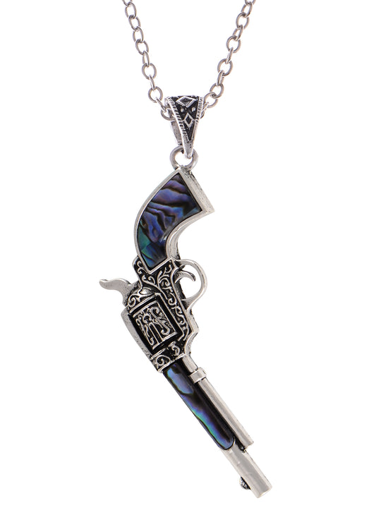 Alilang Antiqued Silvery Tone Abalone Shell Revolver Pistol Gun Pendant Necklace for Women Men