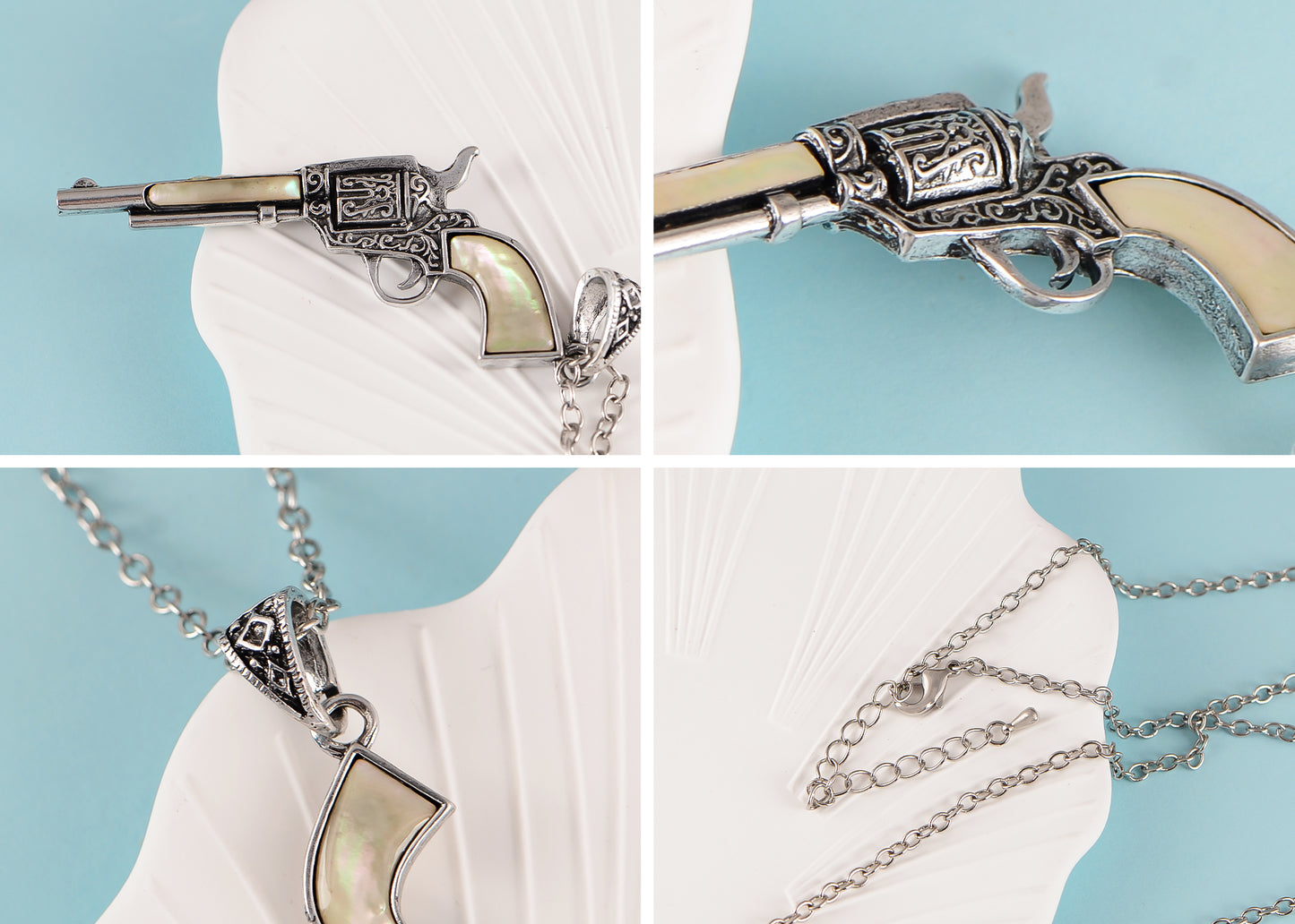 Alilang Antiqued Silvery Tone Abalone Shell Revolver Pistol Gun Pendant Necklace for Women Men