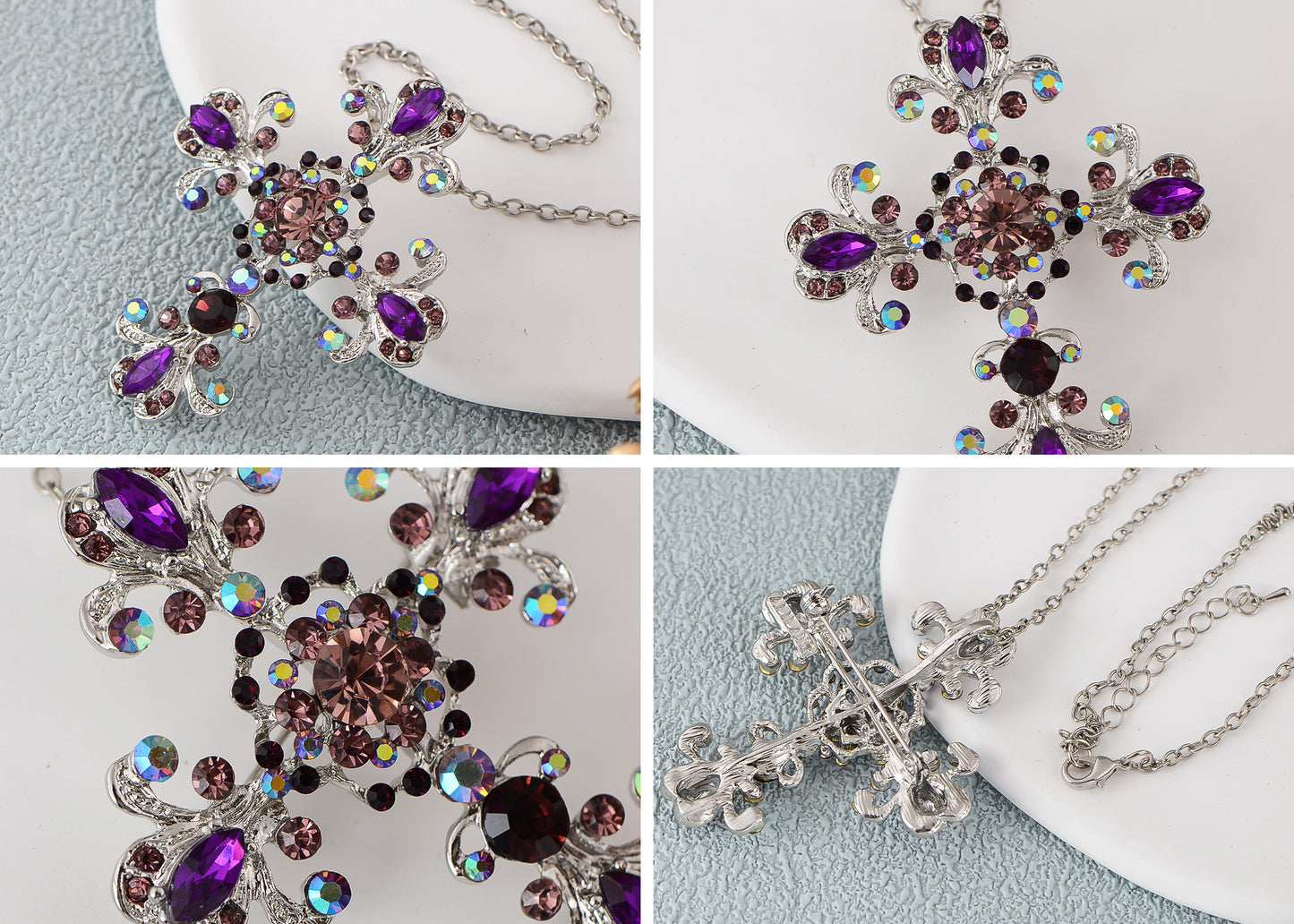 Alilang Religious Cross Pendant Necklace Sparkle Crystal Rhinestones Brooch Pin Gothic Jewelry for Women Men