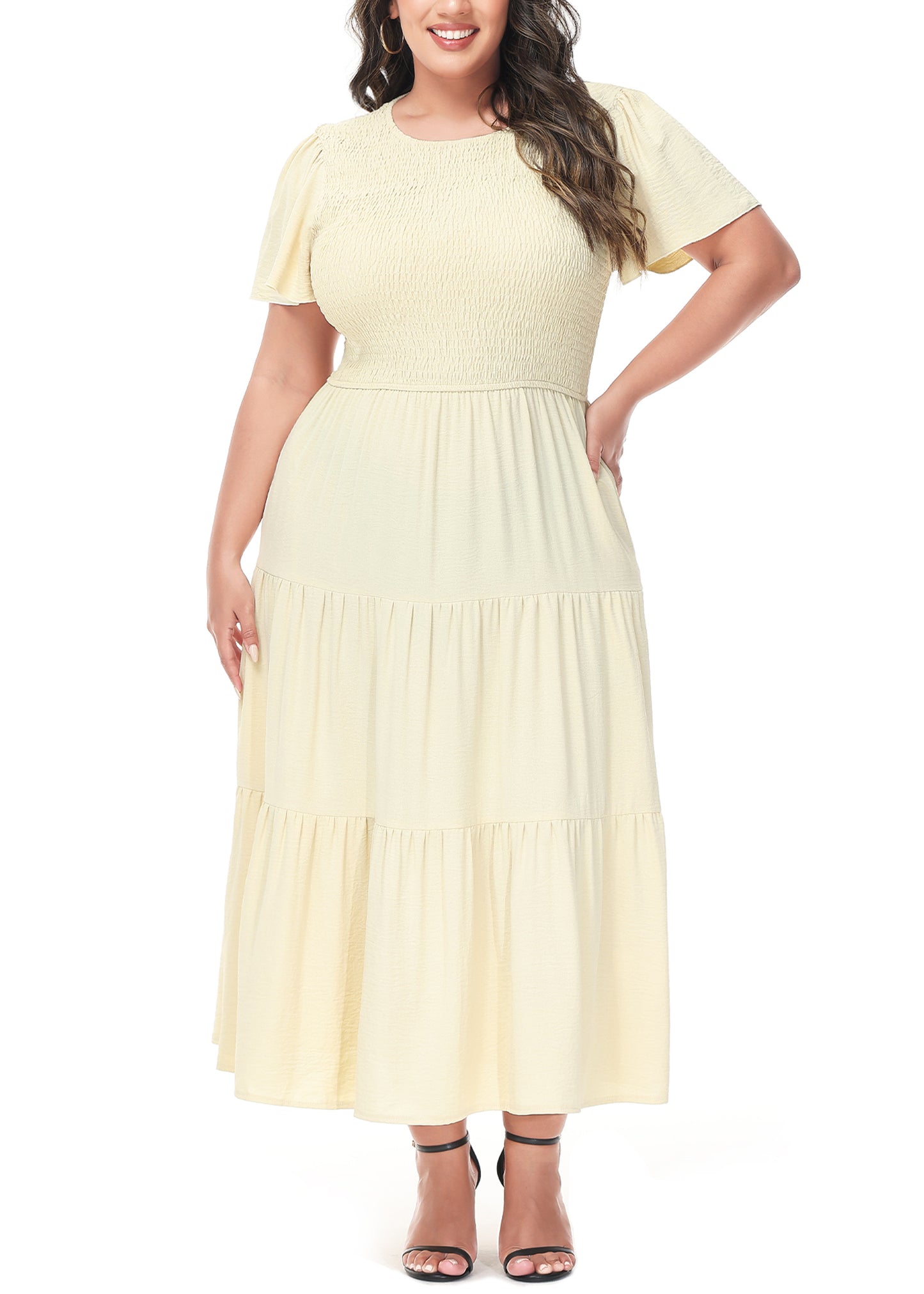 Anna-Kaci Women's Plus Size Casual Round Neck Flutter Short Sleeve Elastic Waist Smocked Tiered Maxi Dress