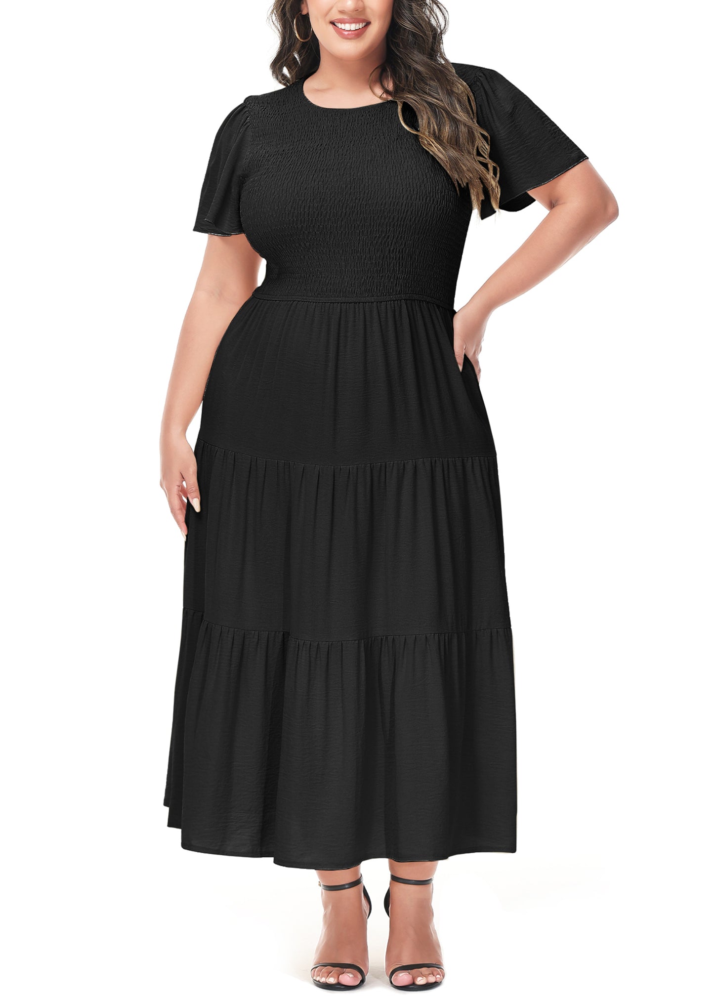 Anna-Kaci Women's Plus Size Casual Round Neck Flutter Short Sleeve Elastic Waist Smocked Tiered Maxi Dress