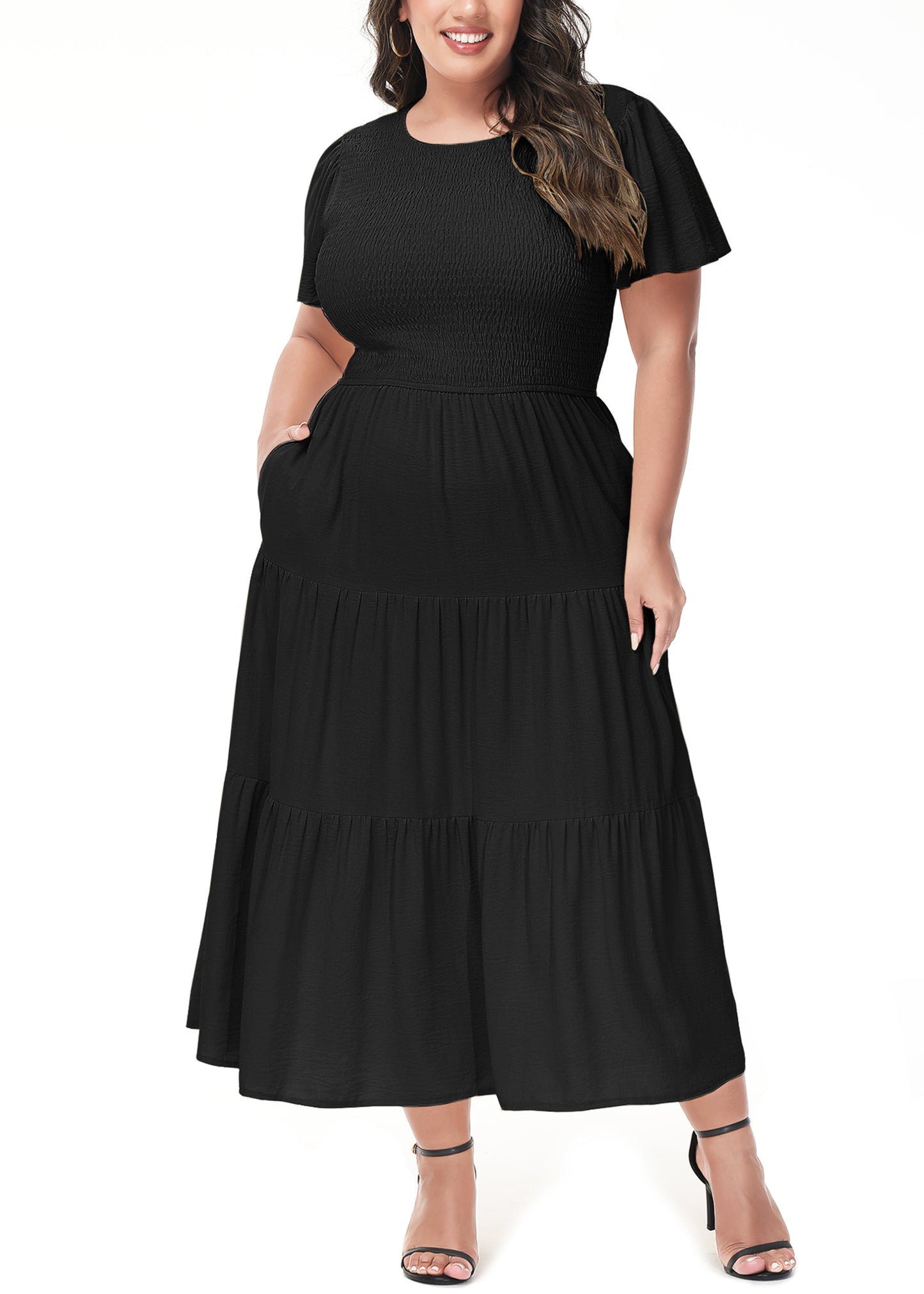 Anna-Kaci Women's Plus Size Casual Round Neck Flutter Short Sleeve Elastic Waist Smocked Tiered Maxi Dress