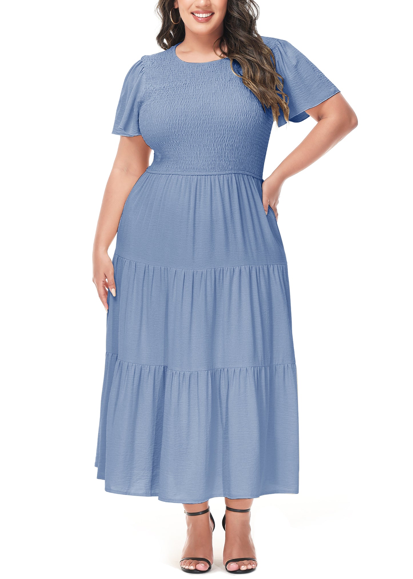 Anna-Kaci Women's Plus Size Casual Round Neck Flutter Short Sleeve Elastic Waist Smocked Tiered Maxi Dress