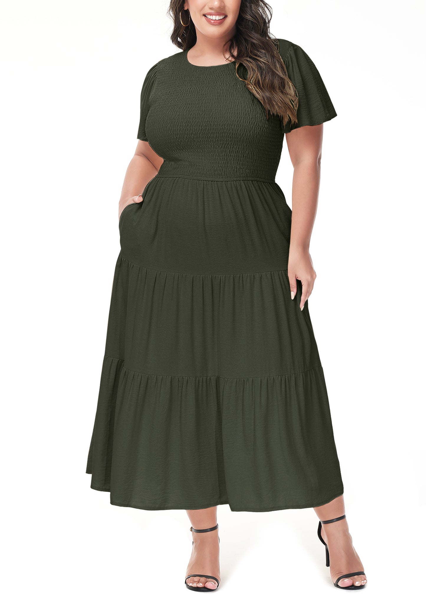 Anna-Kaci Women's Plus Size Casual Round Neck Flutter Short Sleeve Elastic Waist Smocked Tiered Maxi Dress