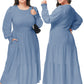 Anna-Kaci Women's Plus Size Casual Poet Long Sleeve Smocked Dress Crewneck Flowy Tiered Midi Dress
