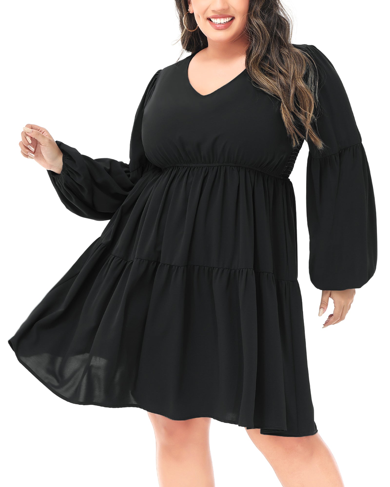 Anna-Kaci Women's Plus Size Tunic Dress V Neck Long Sleeve Smocked Casual Loose Flowy Swing Shift Dresses, Black / Plus-1X-14W-16W