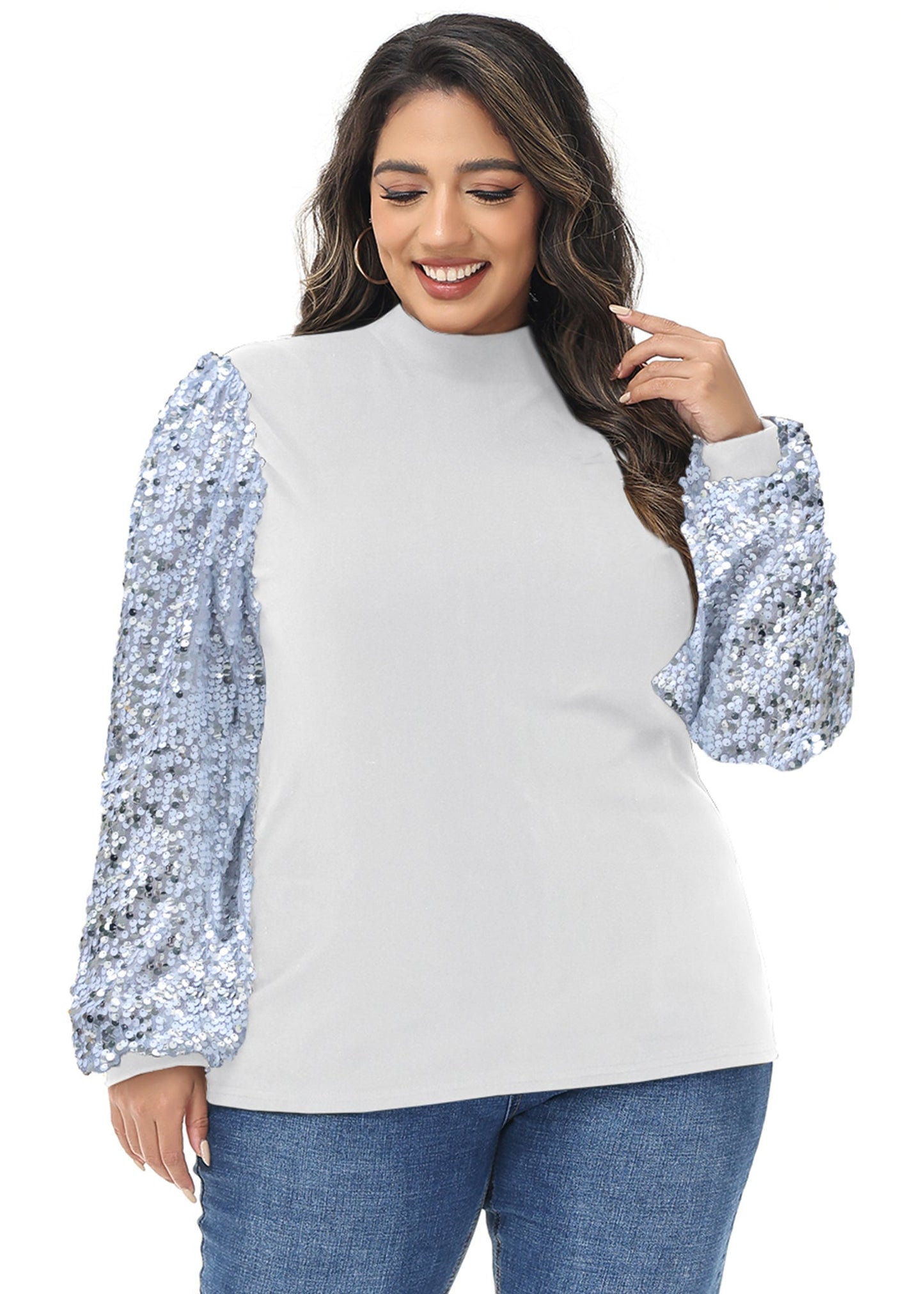 Anna-Kaci Women's Plus Size Sparkle Sequin Sweatshirt Mock Neck Pullover Long Sleeve Glitter Party Tops