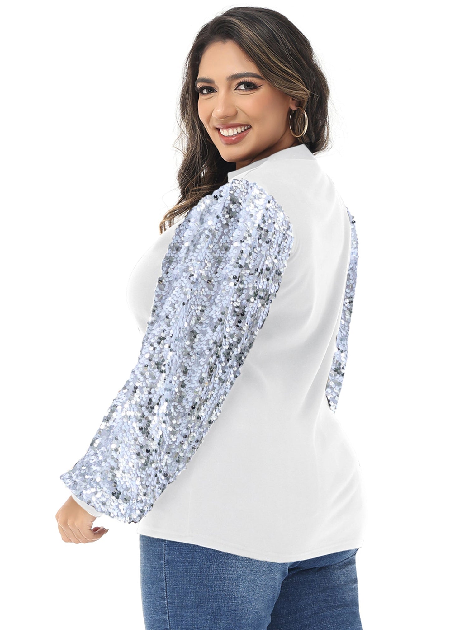 Anna-Kaci Women's Plus Size Sparkle Sequin Sweatshirt Mock Neck Pullover Long Sleeve Glitter Party Tops