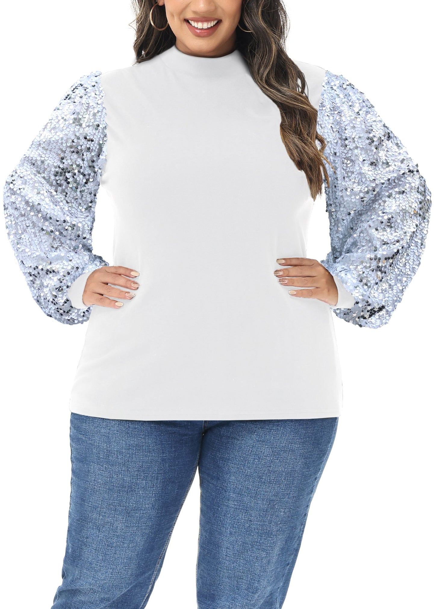 Anna-Kaci Women's Plus Size Sparkle Sequin Sweatshirt Mock Neck Pullover Long Sleeve Glitter Party Tops