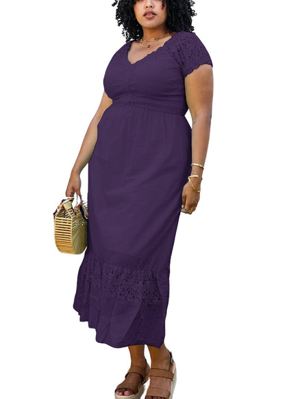 Anna-Kaci Plus Size Renaissance Peasant Medieval Maiden Boho Inspired short Sleeve Lace Flower Trim Dress