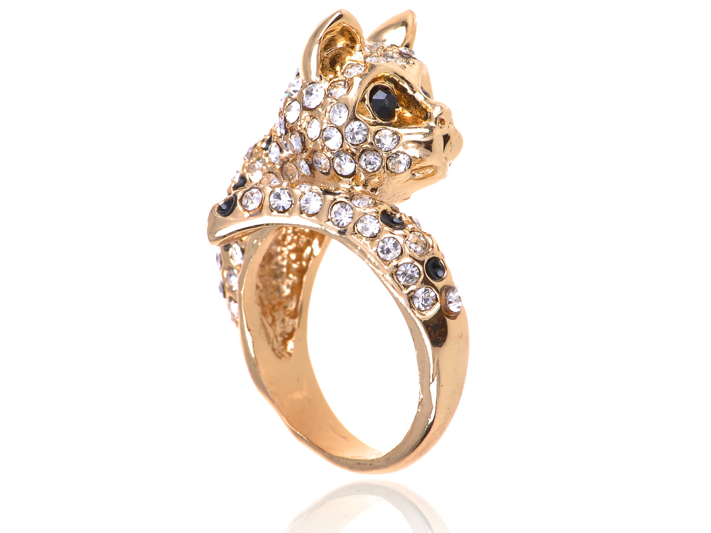 Gold Black Leopard Cat Cocktail Statement Bling Ring