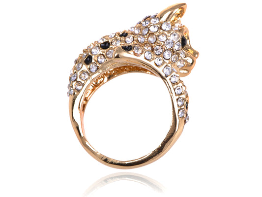 Gold Black Leopard Cat Cocktail Statement Bling Ring