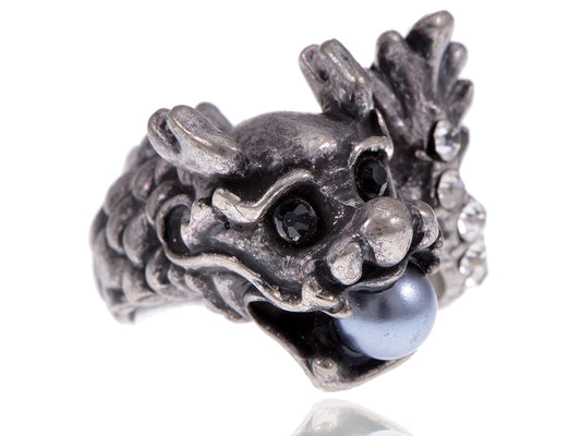 Vintage Antique Reproduced Dragon Head Big Simulated Pearl Sized Ring