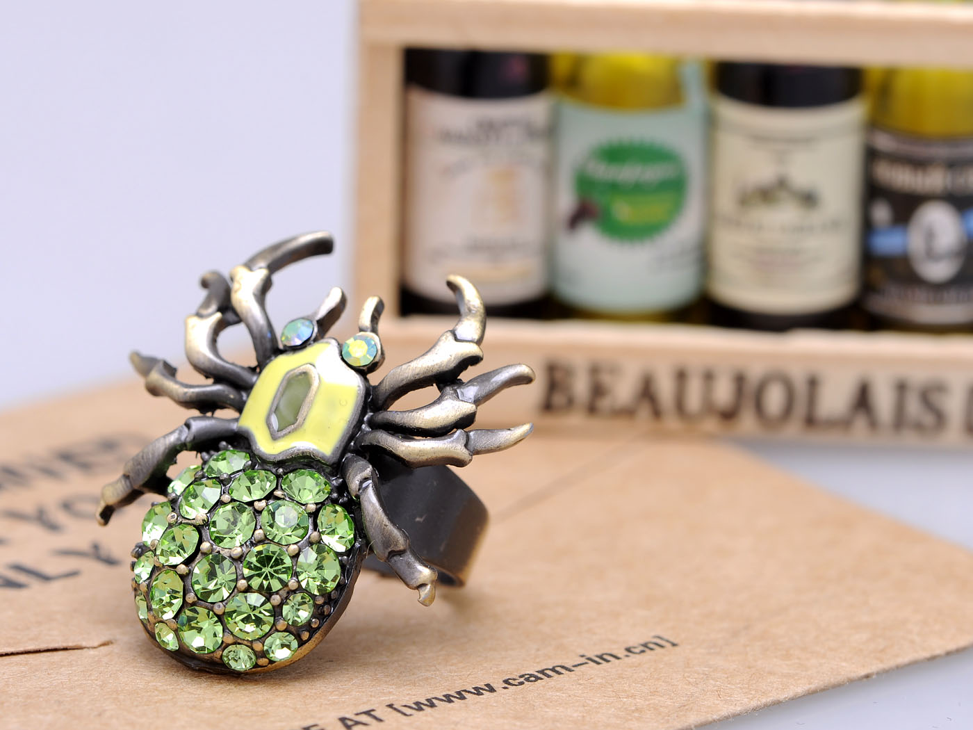 Bronze Brass Peridot Green Body Spider Insect Bug Ring