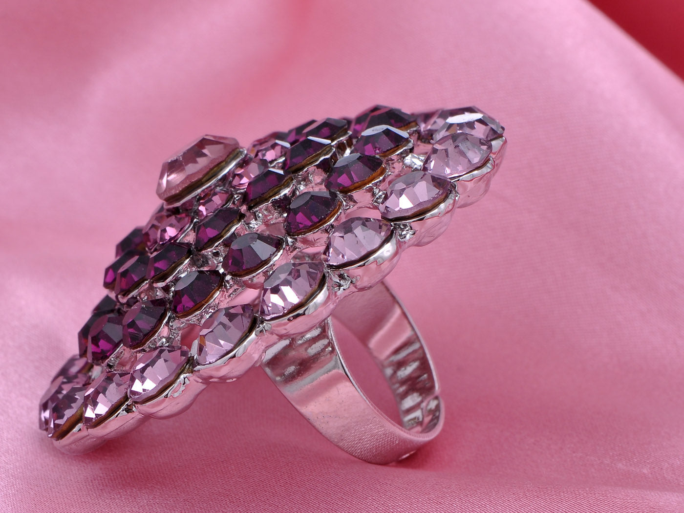 Round Amethyst Gems Cluster Flower Floral Statement Ring