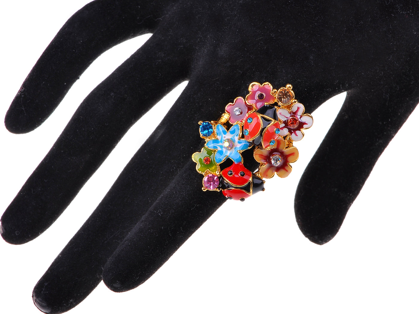 Beautiful Colorful Floral Ladybug Insect Trend Statement Ring