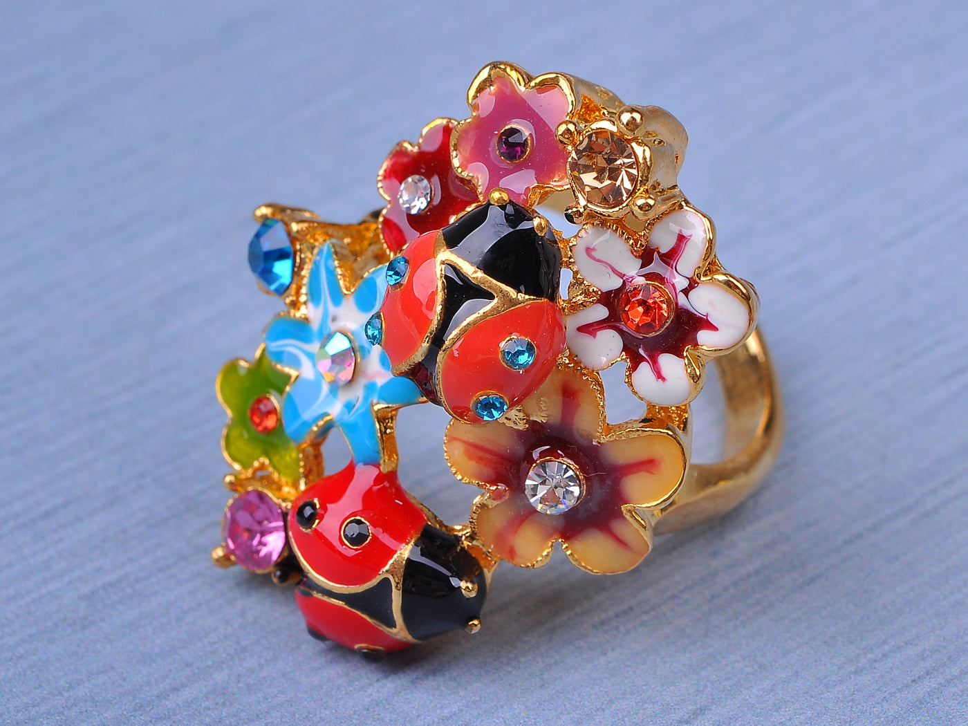 Beautiful Colorful Floral Ladybug Insect Trend Statement Ring