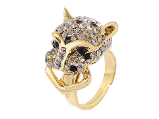 Gold Jaguar Snow Leopard Cheetah Head Kitty Cat Ring