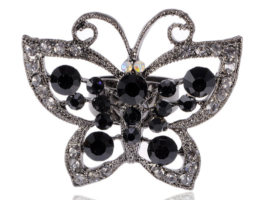 Women Grey Black Gem Wings Encrusted Butterfly Statement Ring