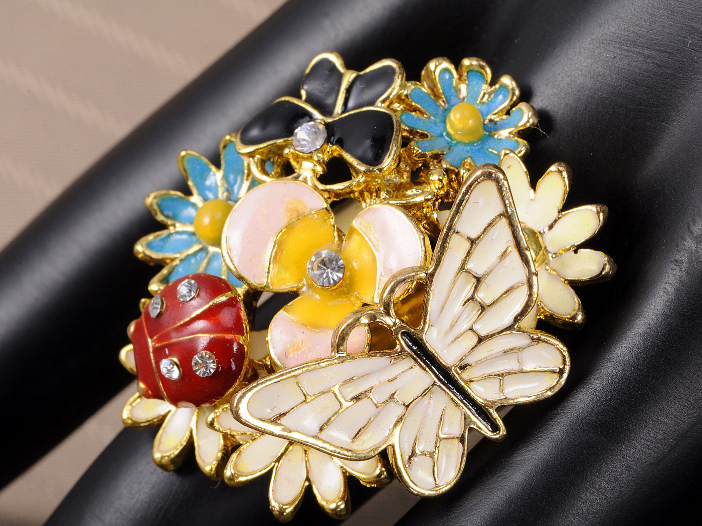 Adorable Big Face Colorful Butterfly Ladybug Clustered Flower Ring