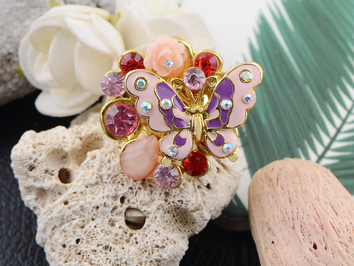 Shine Pink Enamel Butterfly Insect Flower Ring