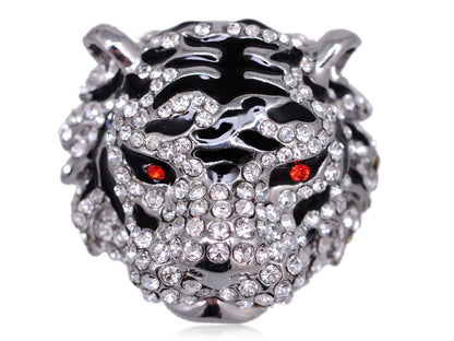 Fierce Intense Black White Striped Snow Tiger Angry Red Eye Head Ring