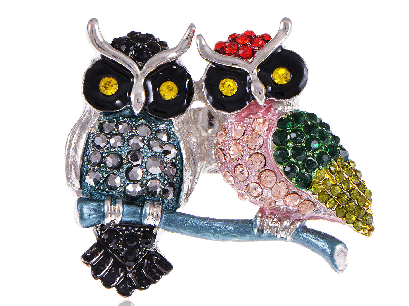 Colorful Green Pink Yellow Twin Owl Couple Lovers Ring