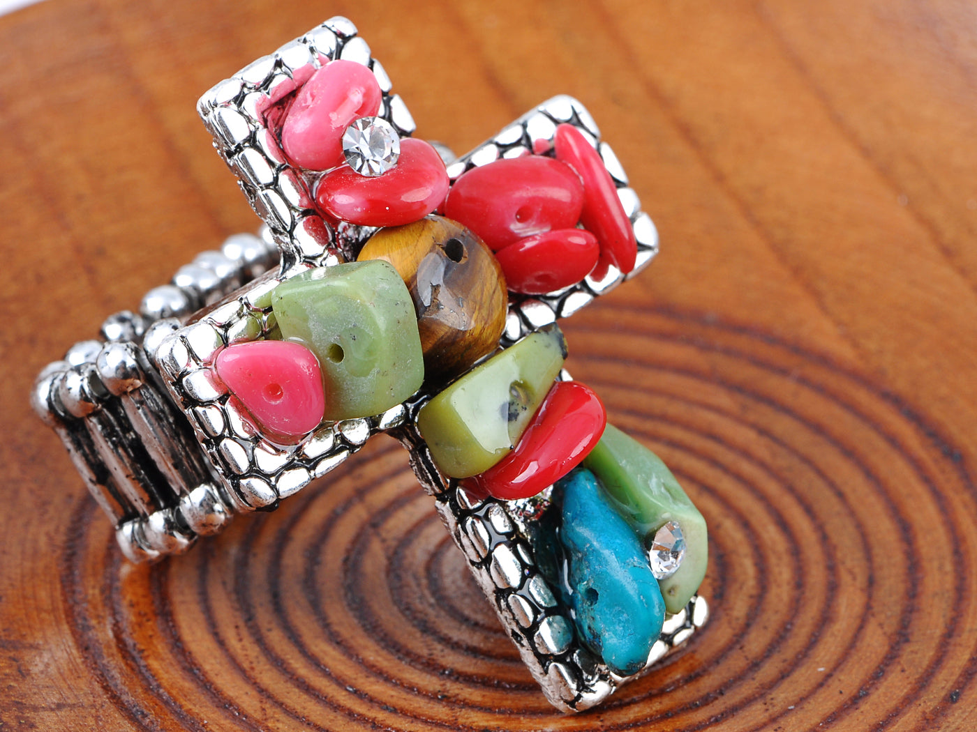 Unique Brilliant Vintage Colorful Ss Pebbles Big Cross Ring