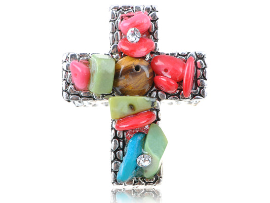 Unique Brilliant Vintage Colorful Ss Pebbles Big Cross Ring