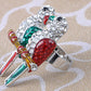 Itailian Emerald Ruby Green Enamel Love Birds Couple Perch Ring