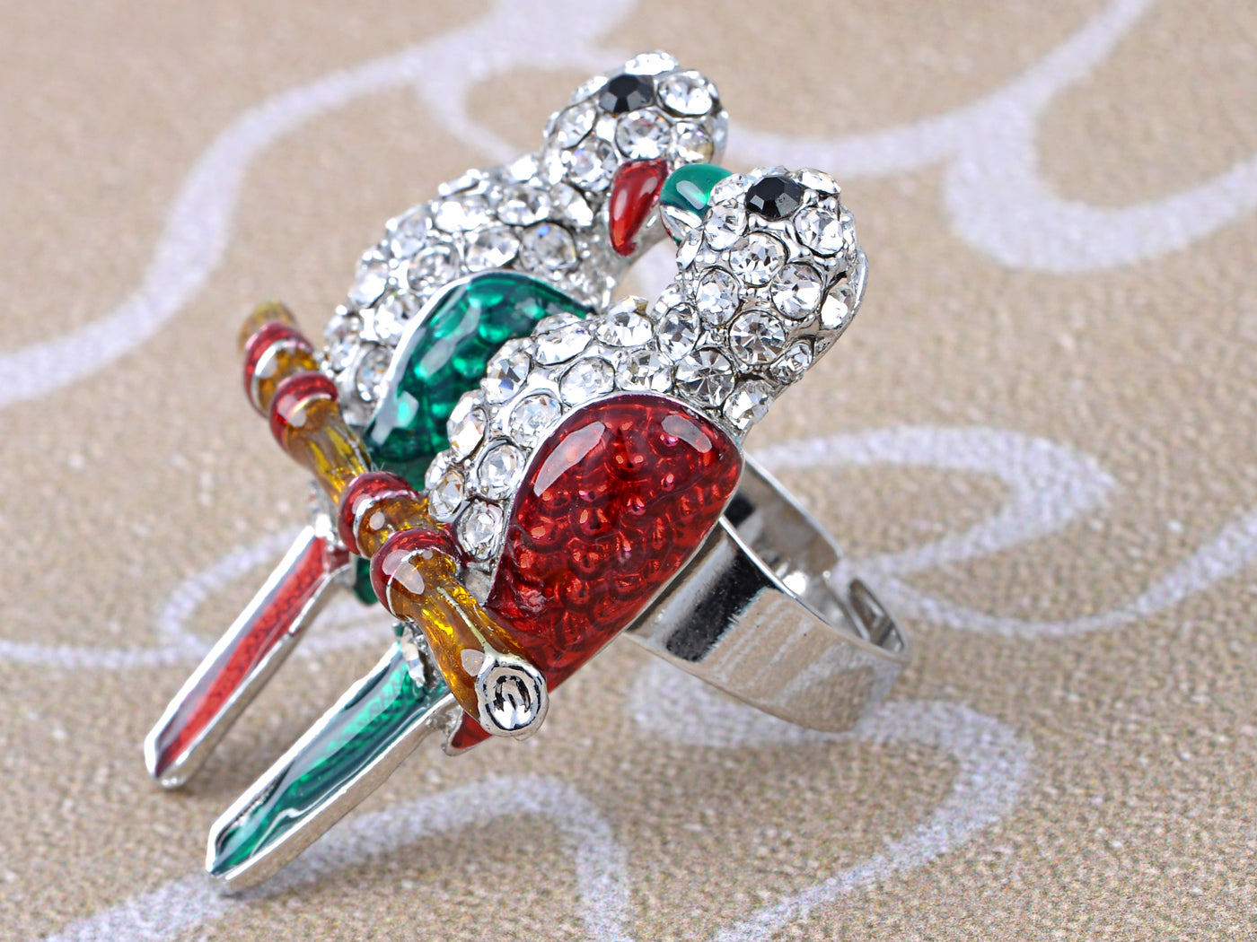 Itailian Emerald Ruby Green Enamel Love Birds Couple Perch Ring