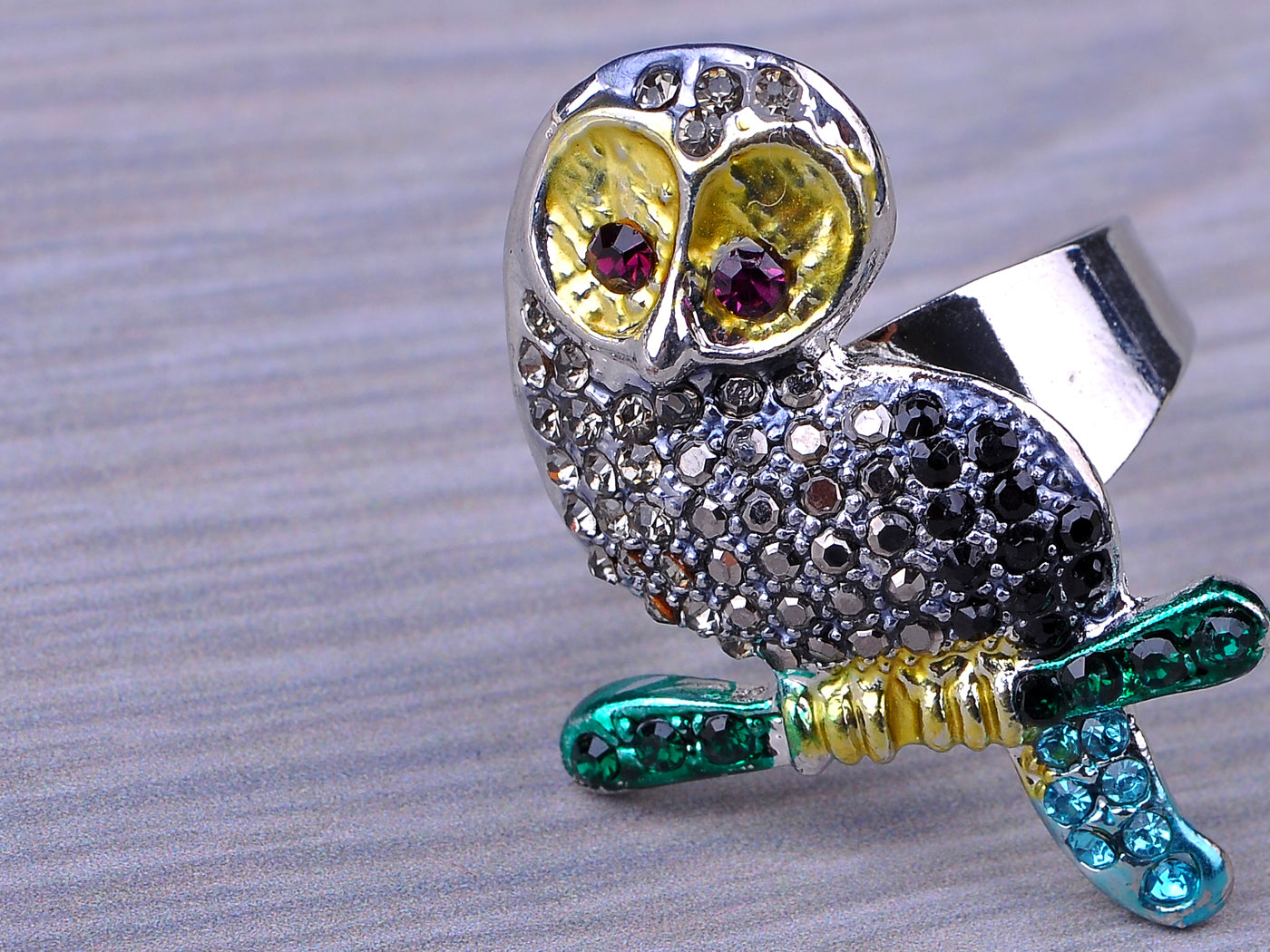 Abstract Green Eye Enamel Encrusted Owl Perch Ring
