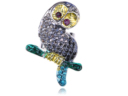 Abstract Green Eye Enamel Encrusted Owl Perch Ring