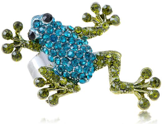 Silver Blue Green Frog Toad Ring