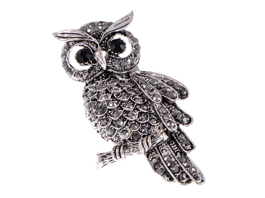 Jet Black Vintage Owl Big Eye Perch Silver Ust Ring