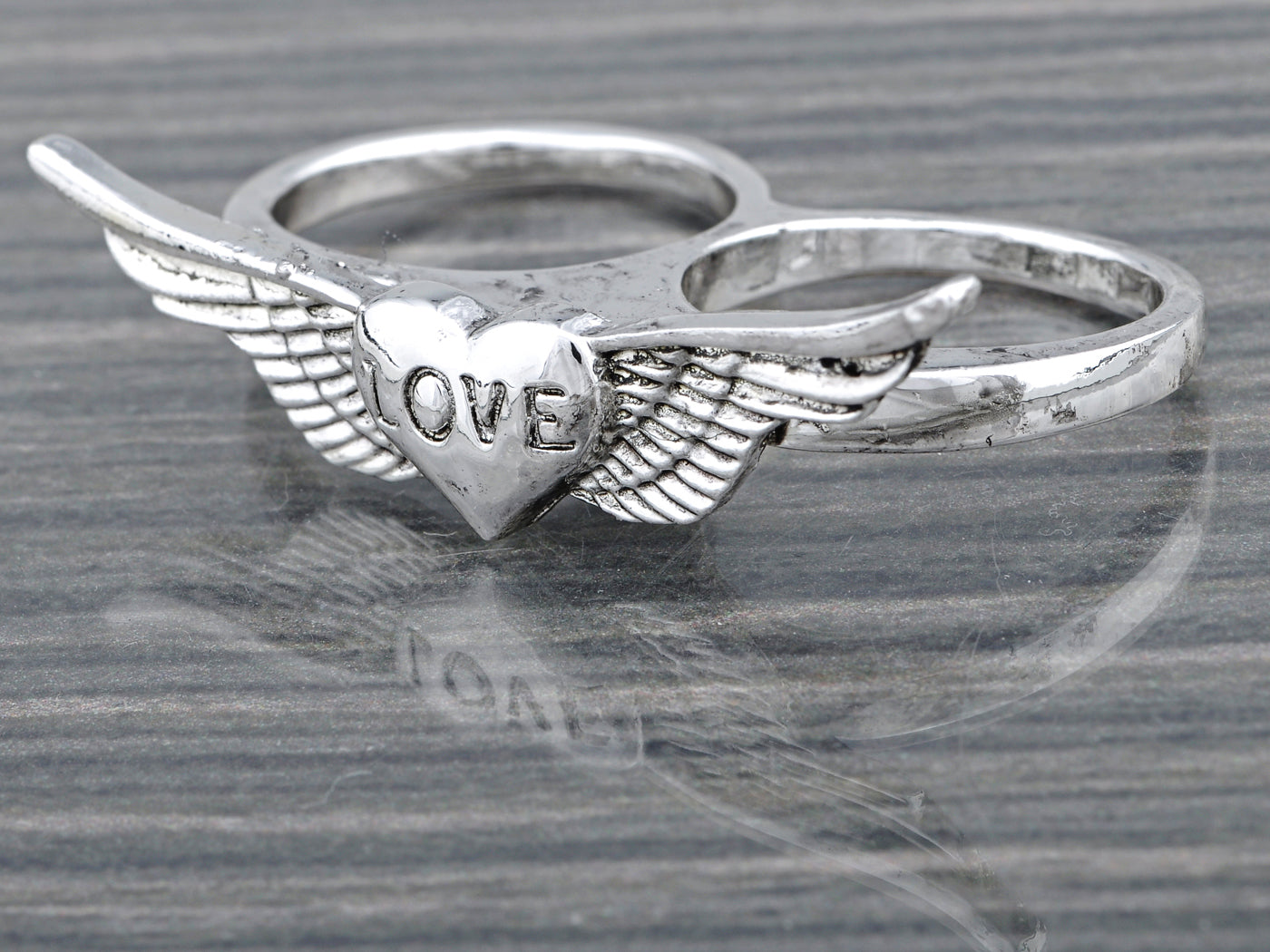 Two Finger Romantic Red Heart Angel Wings Ring