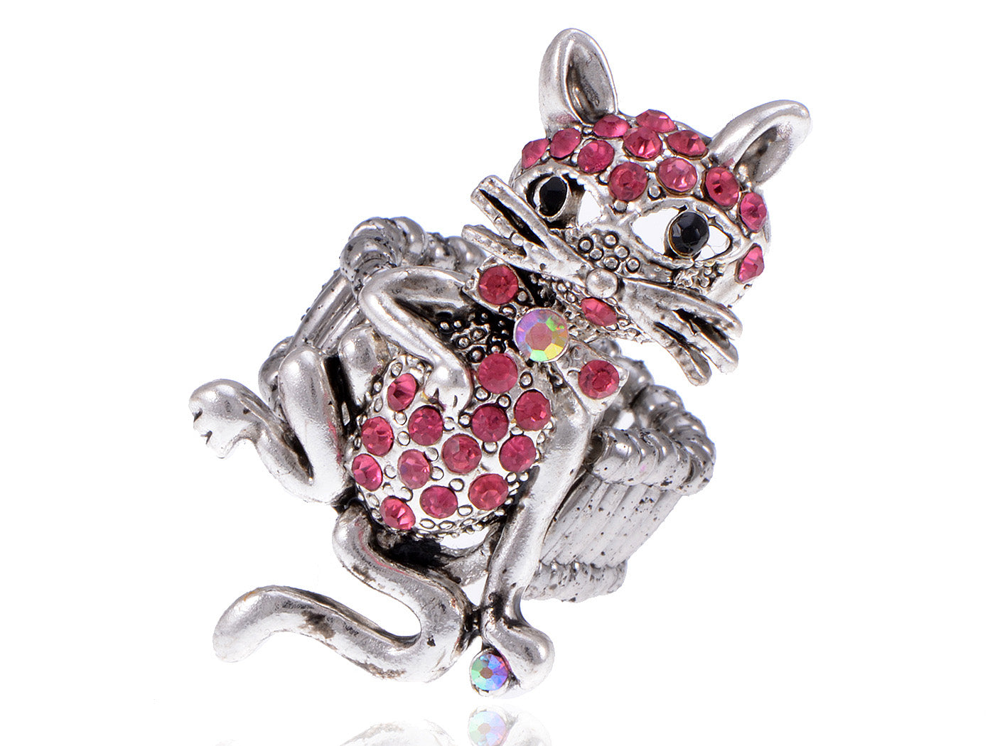 Pewter Cocky Cool Bow Tie Whisker Cat Pink Ring