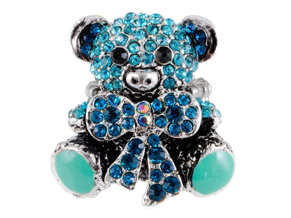 Silver Aquamarine Blue Teddy Bear Girlfriend Valentines Ring