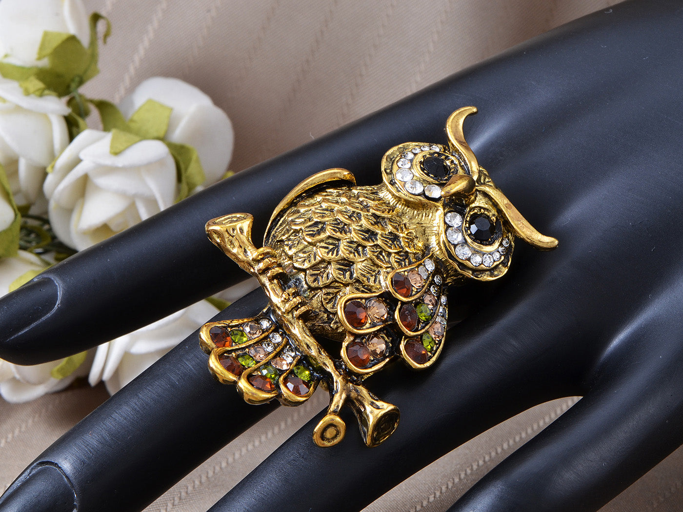 Vintage Accented Feathers Grandfather Owl Bird Ring