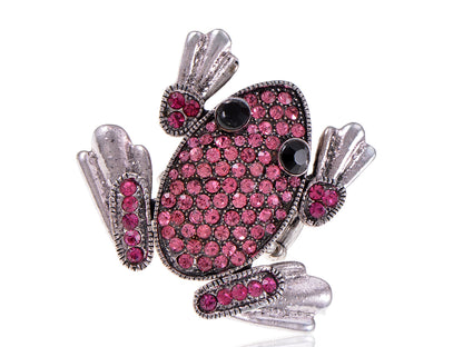 Silver Fuchsia Pink Funny Cartoon Leaping Frog Toad Ring