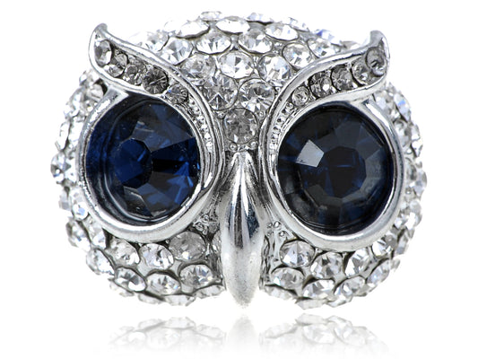 Dark Blue Gems Big Eyed Wise Owl Head Ring