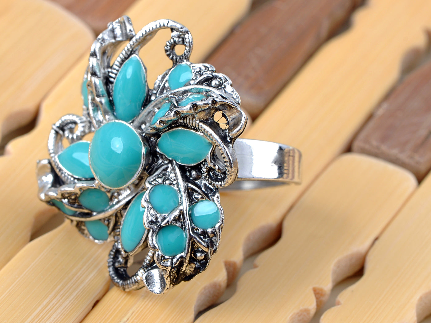 Turquoise Abstract Floral Flower Ring
