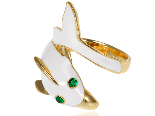 Enamel Painted Wrapped Cartoon White Dolphin Emerald Eye Ring