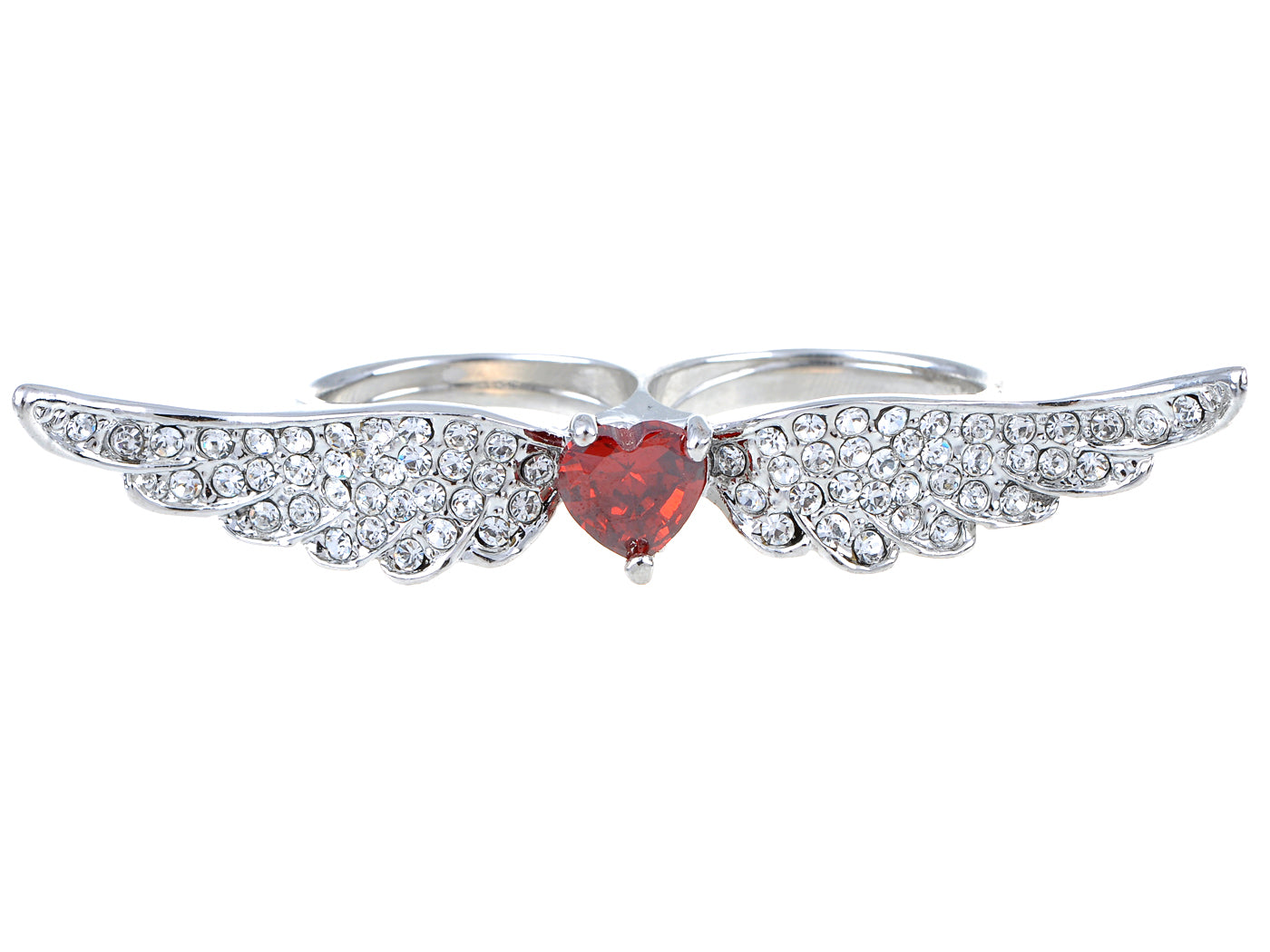 Two Finger Romantic Red Heart Angel Wings Ring