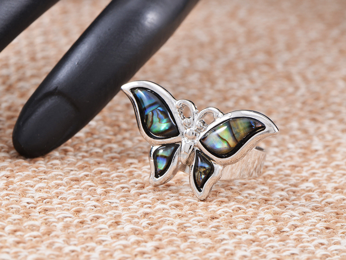 Silver Dark Mystery Green Natural Abalone Shell Butterfly Ring
